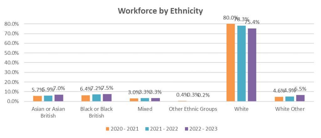 Workforce by ethnicity for 2020/21, 2021/22 and 2022/23.