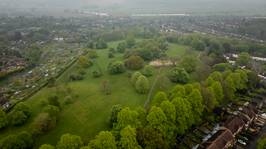 Drone photo of Arthur Newbery park trees, grass and playground Tilehurst