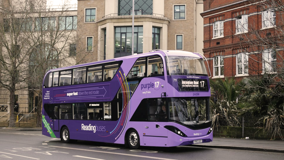 Purple reading bus number 17 in transit