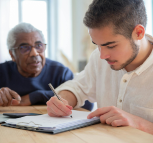 Young person helping an older person with paperwork.