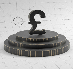 3-D sculpture with three tiered base with a pound sign on top.