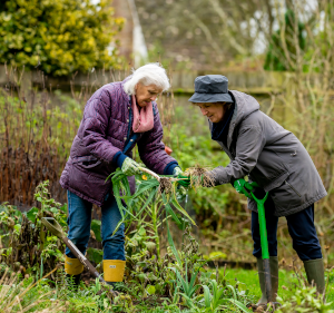 Two women gardening.