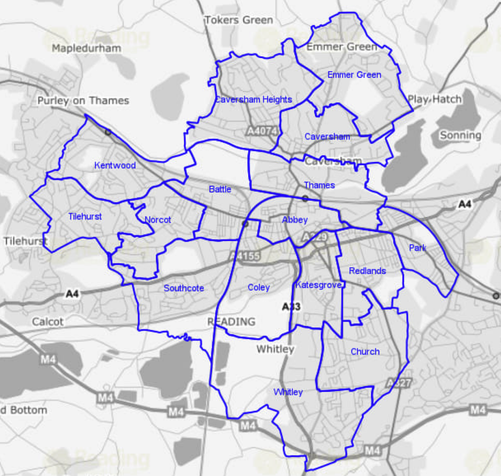 Map of Reading with outlined boroughs