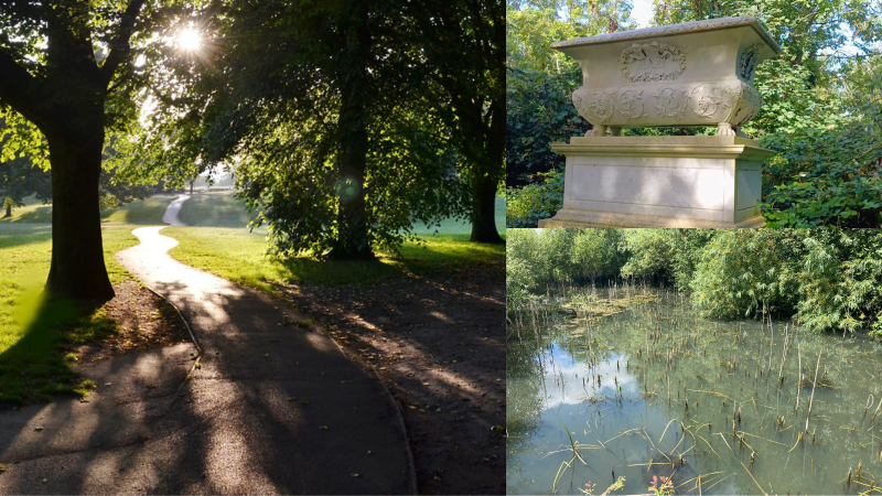 3 threes path leading into a park. Large bath funeral architecture Small pond with reeds