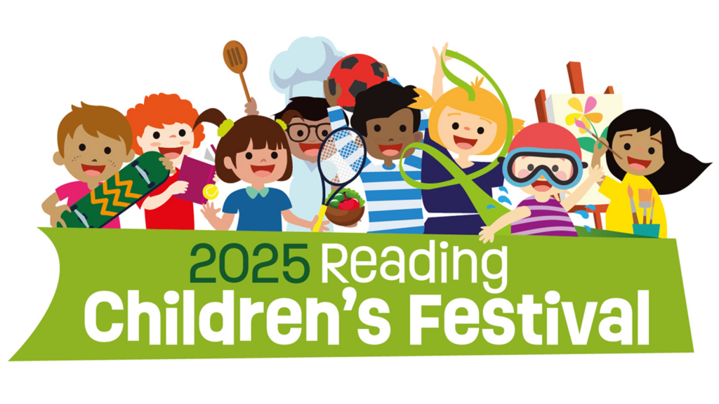 Illustration showing children having fun and a banner with '2025 Reading Children's Festival'.