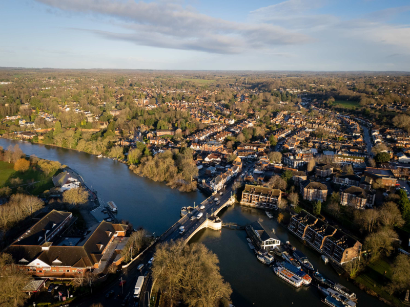 Drone photo of Caversham Bridge, river and houses