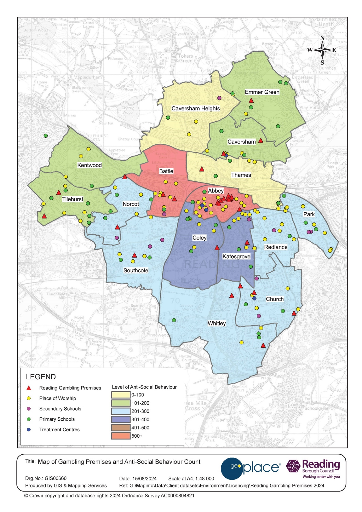 Map showing location of gambling premises with relation to churches, schools and treatment centres.