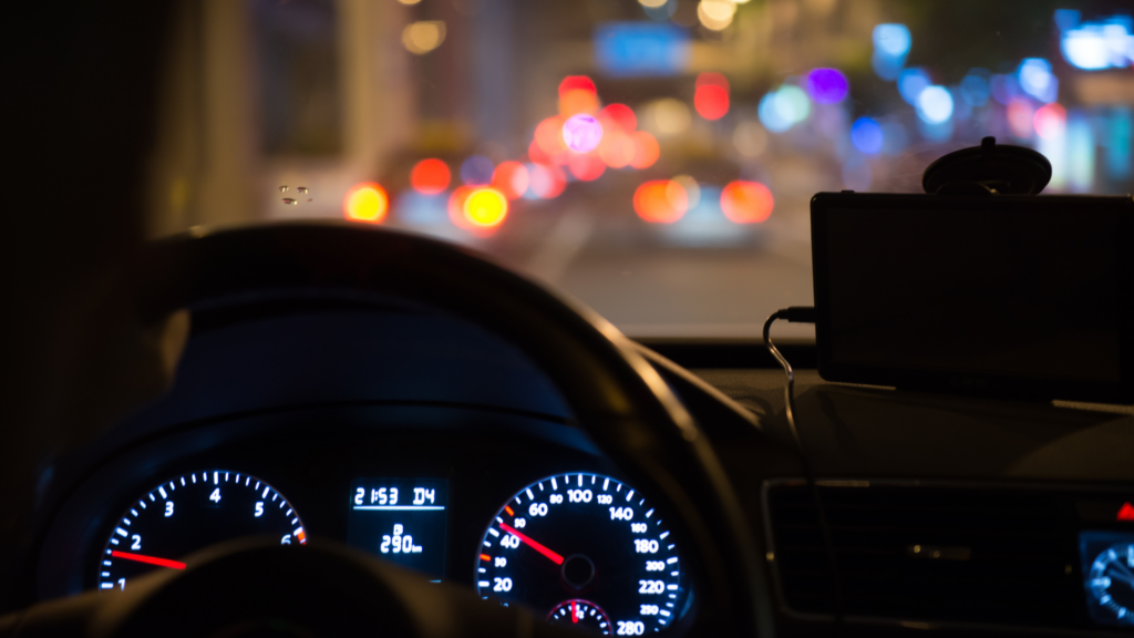 Car interior at night.