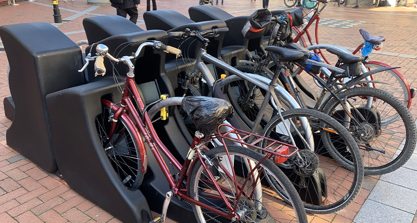 photo of streetpods with bikes parked in them in Reading town centre