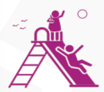 This is a minimalist graphic representing children's playground equipment and outdoor play activities.