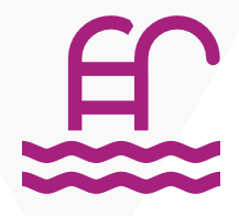 Minimalist graphic representation of steps at the side of a swimming pool and wavy lines of water.