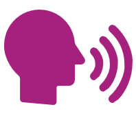 The image shows a purple icon of a human head in profile facing right, with curved lines emanating from the mouth area representing sound waves or speech. 