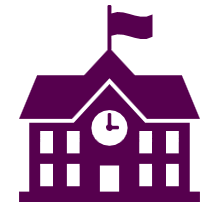 Minimalist graphic showing town hall with a clock on the front and flag on the top.