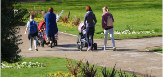 A group of people, including two pushchairs, walking on a path.