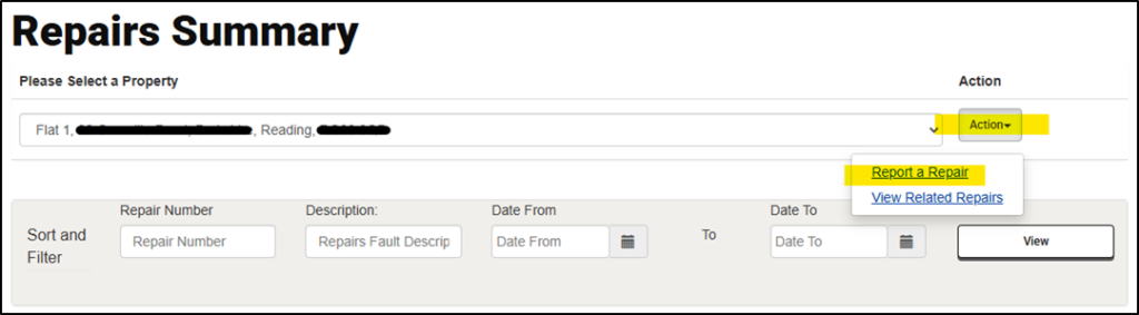 Screenshot of a 'Repairs Summary' page showing the top portion of a property maintenance portal. The page displays a property selector showing 'Flat 1' in Reading with redacted address details. On the right is an 'Action' dropdown menu that's currently open, revealing two options highlighted in yellow: 'Report a Repair' and 'View Related Repairs'. Below is a filtering section with fields for Repair Number, Description, Date From, and Date To, along with a 'View' button. The interface allows users to search and filter repair records for the selected property.