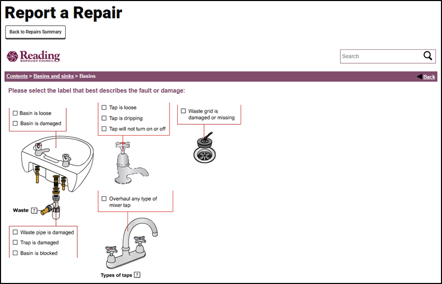 Screenshot of a basin repair selection page from Reading Borough Council's housing portal. The page shows a breadcrumb navigation 'Contents > Basins and sinks > Basins' with a 'Back' button. The main content displays various basin repair options with checkboxes and corresponding illustrations. On the left side is a detailed diagram of a basin with waste pipe components, with options for 'Basin is loose', 'Basin is damaged', 'Waste pipe is damaged', 'Trap is damaged', and 'Basin is blocked'. In the center are tap-related options including 'Tap is loose', 'Tap is dripping', and 'Tap will not turn on or off' with an illustration of a dripping tap. On the right is a waste grid illustration with the option 'Waste grid is damaged or missing'. At the bottom is a section for 'Overhaul any type of mixer tap' with an illustration of a mixer tap, and text indicating 'Types of taps' with a help icon. The page instructs users to 'Please select the label that best describes the fault or damage.