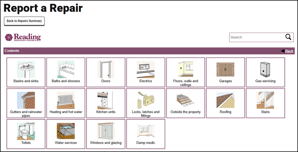 Screenshot of a 'Report a Repair' page showing a category selection interface from Reading Borough Council's housing portal. At the top is a 'Back to Repairs Summary' button, the Reading Borough Council logo, and a search bar. The main content area displays a grid of repair categories, each with an illustrative icon and label. The categories are arranged in 4 rows and include: Basins and sinks, Baths and showers, Doors, Electrics, Floors/walls and ceilings, Garages, Gas servicing, Gutters and rainwater pipes, Heating and hot water, Kitchen units, Locks/latches and fittings, Outside the property, Roofing, Stairs, Toilets, Water services, Windows and glazing, and Damp medic. Each category is presented as a clickable tile with a simple graphic illustration. There's a purple 'Contents' header with a 'Back' button in the top right corner of the content area.