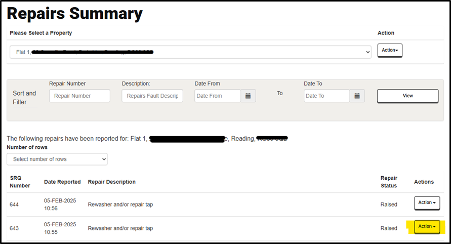Screenshot of the 'Repairs Summary' page from Reading Borough Council's housing portal. The page shows a property selector dropdown for 'Flat 1' with redacted address details and an 'Actions' button. Below is a filtering section with fields for Repair Number, Description, Date From, and Date To, plus a 'View' button. The main content displays repair records for the selected flat, showing two entries: SRO Number 644 reported on 05-FEB-2025 at 10:56 for 'Rewasher and/or repair tap' with status 'Raised', and SRO Number 643 reported on 05-FEB-2025 at 10:55 for 'Rewasher and/or repair tap' also with status 'Raised'. Each row has an 'Action' dropdown button, with the second row's button highlighted in yellow. The page includes a dropdown to select the number of rows to display.