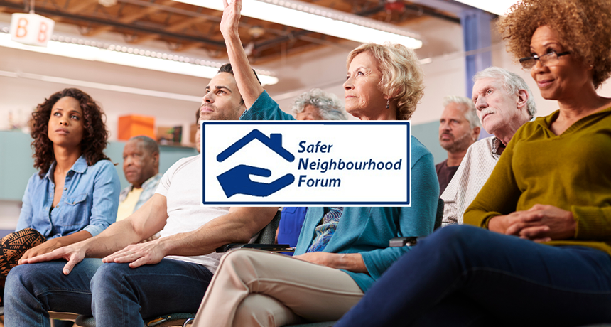 image of community hall meeting with raised hands and the safer neighbourhood forum logo