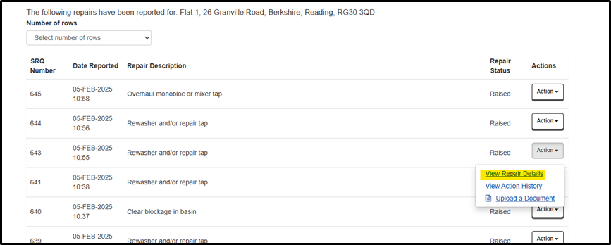 Screenshot of a repairs summary table from Reading Borough Council's housing portal showing repair records for Flat 1, 26 Granville Road, Berkshire, Reading, RG30 3QD. The table displays multiple repair entries with columns for SRO Number, Date Reported, Repair Description, Repair Status, and Actions. Entries include: SRO 645 (05-FEB-2025, 10:58) for 'Overhaul monobloc or mixer tap', SRO 644 (05-FEB-2025, 10:56) for 'Rewasher and/or repair tap', SRO 643 (05-FEB-2025, 10:55) for 'Rewasher and/or repair tap', SRO 641 (05-FEB-2025, 10:38) for 'Rewasher and/or repair tap', and SRO 640 (05-FEB-2025, 10:37) for 'Clear blockage in basin'. All repairs show status 'Raised'. One of the Action dropdown menus is expanded, showing options highlighted in yellow: 'View Repair Details', 'View Action History', and 'Upload a Document'. There's also a dropdown to select the number of rows to display.