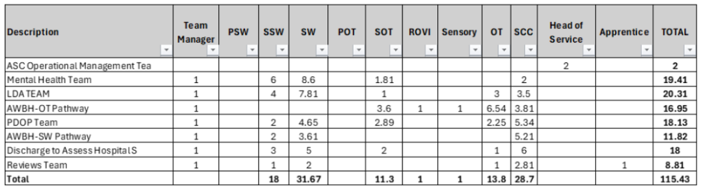 Staffing allocation table showing team resources across different roles. Columns include Team Manager, PSW, SSW, SW, POT, SOT, ROVI, Sensory, OT, SCC, Head of Service, Apprentice, and TOTAL. Rows list teams: ASC Operational Management Team (2 Head of Service, total 2), Mental Health Team (1 Team Manager, 6 SSW, 8.6 SW, 1.81 SOT, 2 SCC, total 19.41), LDA TEAM (1 Team Manager, 4 SSW, 7.81 SW, 1 SOT, 3 OT, 3.5 SCC, total 20.31), AWBH-OT Pathway (1 Team Manager, 1 ROVI, 1 Sensory, 6.54 OT, 3.81 SCC, total 16.95), PDOP Team (1 Team Manager, 2 SSW, 4.65 SW, 2.89 SOT, 2.25 OT, 5.34 SCC, total 18.13), AWBH-SW Pathway (1 Team Manager, 2 SSW, 3.61 SW, 5.21 SCC, total 11.82), Discharge to Assess Hospital IS (1 Team Manager, 3 SSW, 5 SW, 2 SOT, 1 OT, 6 SCC, total 18), Reviews Team (1 Team Manager, 1 SSW, 2 SW, 2.81 SCC, 1 Apprentice, total 8.81). Total row shows: 18 SSW, 31.67 SW, 11.3 SOT, 1 ROVI, 1 Sensory, 13.8 OT, 28.7 SCC, overall total 115.43.