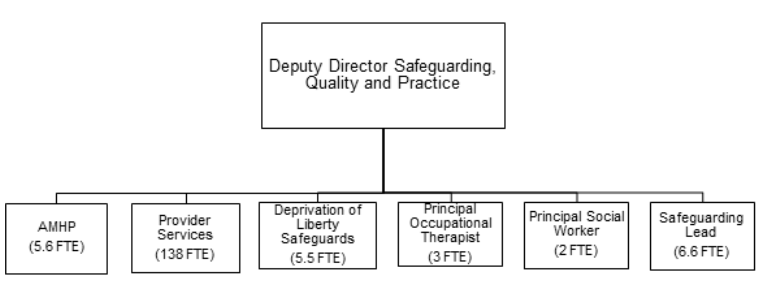 Organizational chart showing the Deputy Director of Safeguarding, Quality and Practice at the top, with six positions reporting directly below: AMHP (5.6 FTE), Provider Services (138 FTE), Deprivation of Liberty Safeguards (5.5 FTE), Principal Occupational Therapist (3 FTE), Principal Social Worker (2 FTE), and Safeguarding Lead (6.6 FTE).