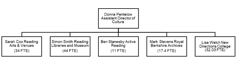 This organizational chart shows the reporting structure for cultural institutions under Donna Pentelow, who serves as Assistant Director of Culture.
Five organizations report directly to her:
Sarah Cox Reading Arts & Venues (34 FTE) - Focused on arts programming and venue management
Simon Smith Reading Libraries and Museum (44 FTE) - The largest unit, managing library and museum services
Ben Stanesby Active Reading (11 FTE) - Overseeing active lifestyle and recreational programs
Mark Stevens Royal Berkshire Archives (17.4 FTE) - Managing historical archives for the Royal Berkshire area
Lisa Welch New Directions College (32.03 FTE) - Leading educational programming at the college
The chart indicates a total workforce of approximately 138.43 FTE (Full-Time Equivalent) staff distributed across these five cultural service divisions. The structure suggests a comprehensive cultural services department covering arts, libraries, museums, archives, recreation, and adult education under centralized leadership.