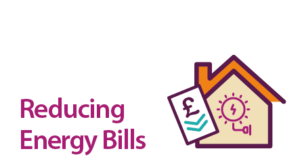 Text saying 'Reducing Energy Bills', illustration of a house with energy bill.