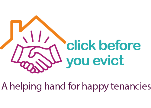 Click Before You Evict logo - a house outline with handshake symbol and tagline 'A helping hand for happy tenancies'