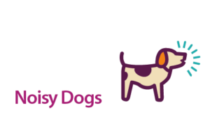 Words saying 'Noisy Dogs', illustration of a barking dog.