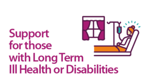 Text saying 'Support for those with Long Term Ill Health or Disabilities', illustration of a person in a hospital bed.