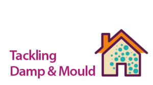 Words saying 'Tackling Damp & Mould', illustration of a house with damp spots.