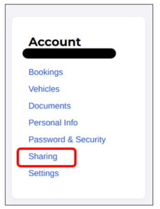 Account menu navigation showing a list of options: Bookings, Vehicles, Documents, Personal Info, Password & Security, Sharing (highlighted with a red box), and Settings. The menu has a black header bar with 'Account' written above it.