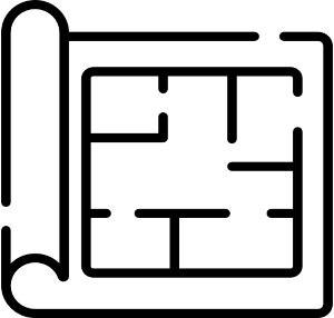This image shows an icon of architectural blueprints or floor plans - a rolled-up technical drawing partially unrolled to display a building layout.