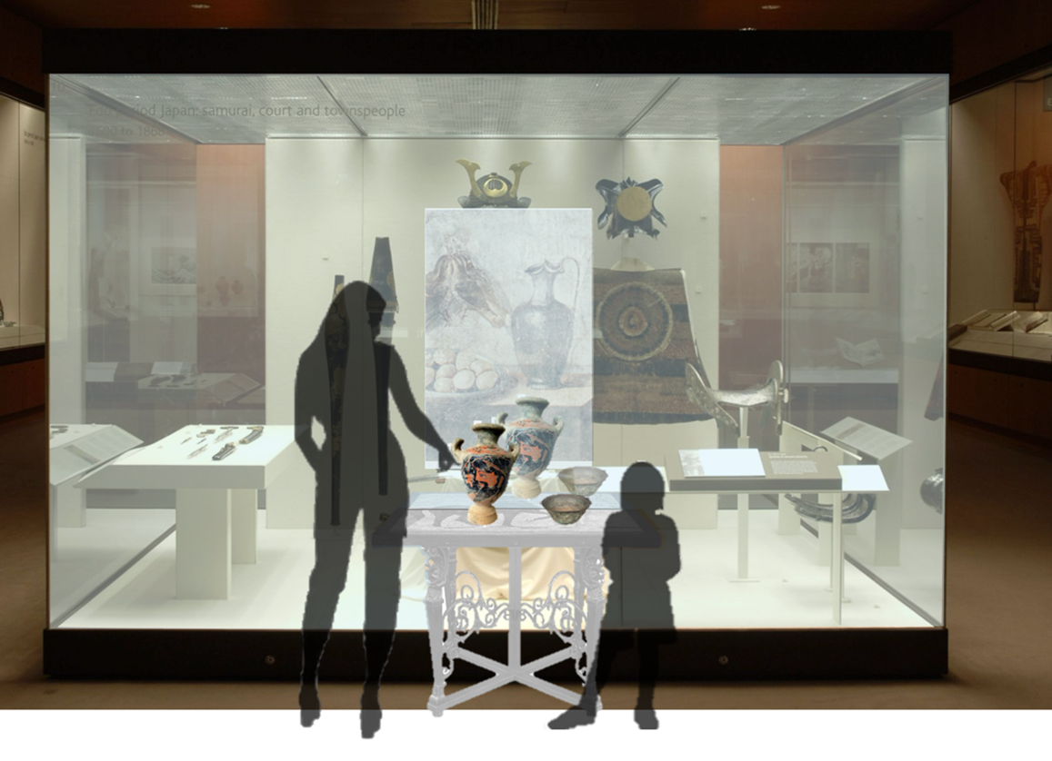 artists impression of how the museum might look, showing a large glass display unit with artefacts inside