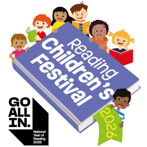 Colourful illustration of diverse children reading books surrounding a large tilted blue book titled 'Reading Children's Festival'. The children represent various ethnicities and are shown joyfully engaged with their books. A yellow-green banner displays '2026' and the bottom left corner features the 'GO ALL IN.' logo with 'National Year of Reading 2026' text.