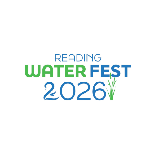 Logo reading 'READING WATER FEST 2026' with 'READING' in blue serif font at top, 'WATER' in green sans-serif font, 'FEST' in blue sans-serif font, and '2026' in large blue outlined numbers below. A small decorative green reed or grass accent appears next to the final '6'.
