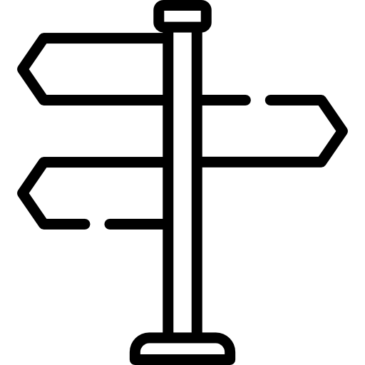 Black on white icon showing a signpost.