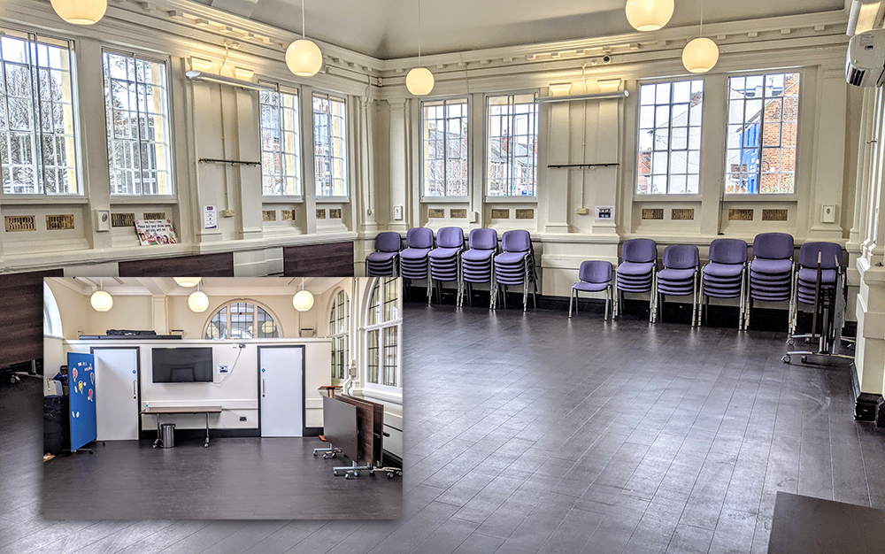 photo of the main hall with a smaller photo of the small hall inset