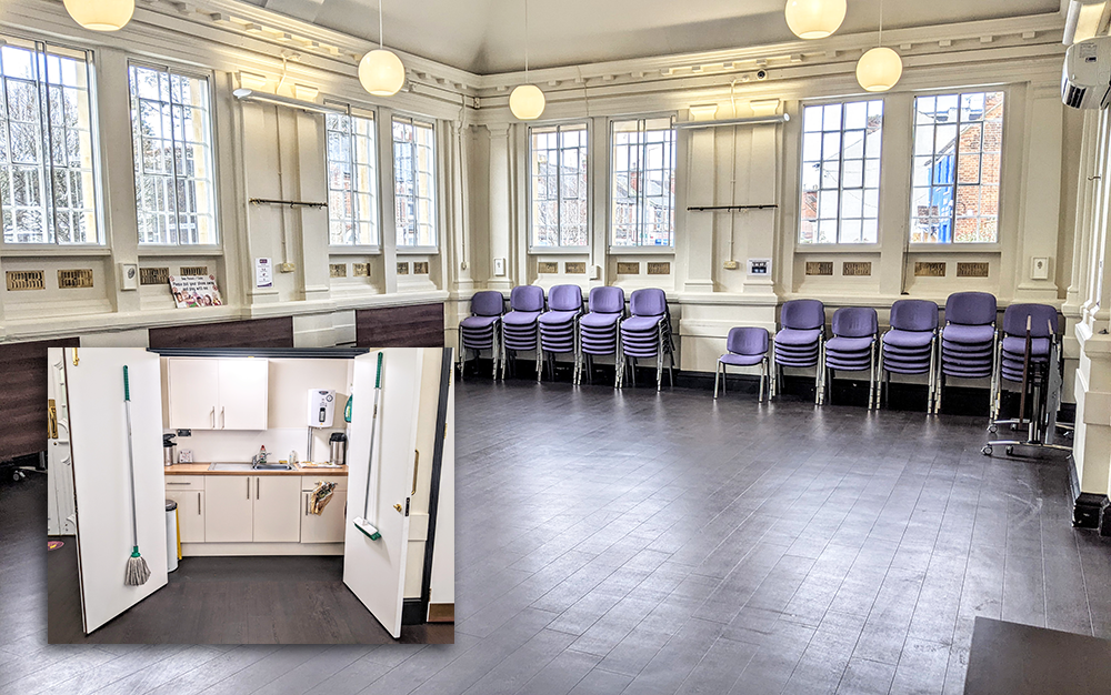photo of the main hall with a photo of the kitchen inset