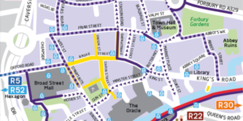 Map showing cycling routes in centre of Reading.