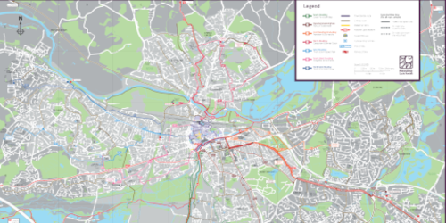 Map showing cycling routes of Reading.