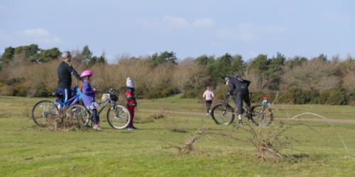 Group of people on bicycles of various ages.