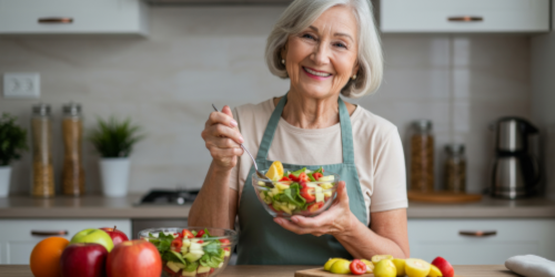 A smiling older woman in a green apron holds a glass bowl of colorful salad in a modern kitchen, with fresh fruit and vegetables on the counter in front of her.