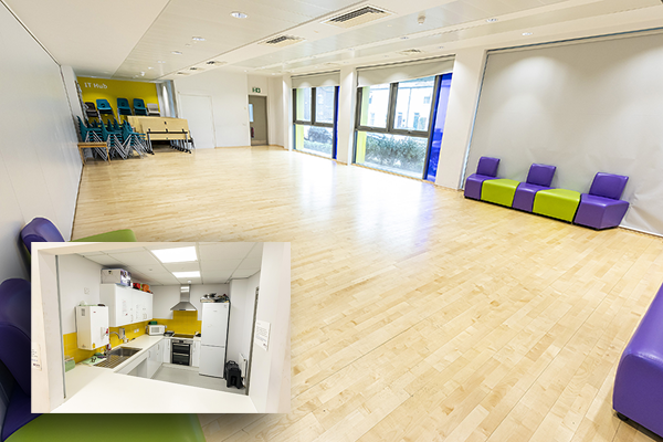 photo of the community hall with a photo of the kitchen inset