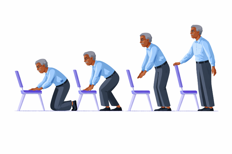 An illustration showing four sequential stages of an older man using a chair to help himself stand up from the floor. In the first stage, he is on his knees leaning on the chair seat with both hands. In the second stage, he is crouching with both hands on the chair, beginning to push himself up. In the third stage, he is nearly upright, leaning forward with hands outstretched toward the chair. In the fourth stage, he is standing fully upright beside the chair.