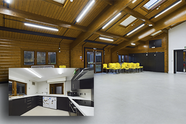 photo of the community hall with a photo of the kitchen inset