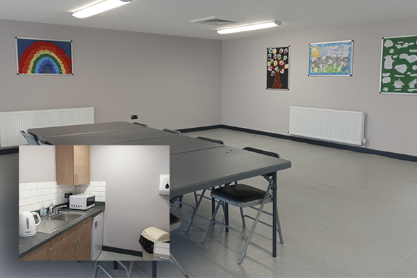 photo of the main hall with a photo of the kitchen inset