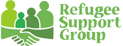 Logo for "Refugee Support Group" — three green figures of varying sizes (representing a family or group) above two hands shaking, alongside the organisation name in green text on a black background.