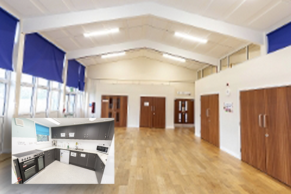 photo of the main hall with a photo of the kitchen inset